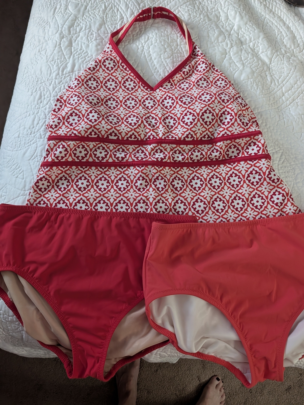 Lands' End Red Patterned Halter Tankini with Solid Red Bottoms